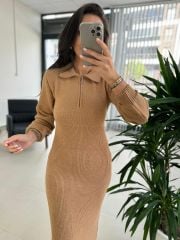 My Yakalı Camel Triko Elbise