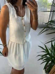 Sg Cream Bone Buttoned Vested Linen Dress