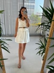 Sg Cream Bone Buttoned Vested Linen Dress