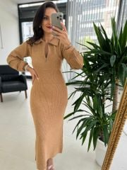 My Yakalı Camel Triko Elbise