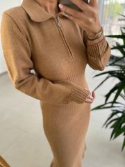 My Yakalı Camel Triko Elbise