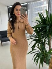 My Yakalı Camel Triko Elbise