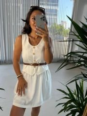 Sg Cream Bone Buttoned Vested Linen Dress