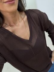 Po 2797 V Yaka Acı Kahve Transparan Triko Bluz