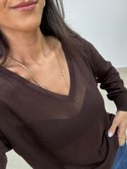 Po 2797 V Yaka Acı Kahve Transparan Triko Bluz