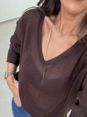 Po 2797 V Yaka Acı Kahve Transparan Triko Bluz