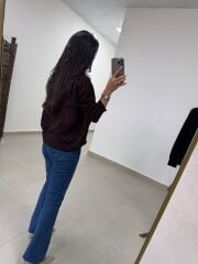 Po 2797 V Yaka Acı Kahve Transparan Triko Bluz