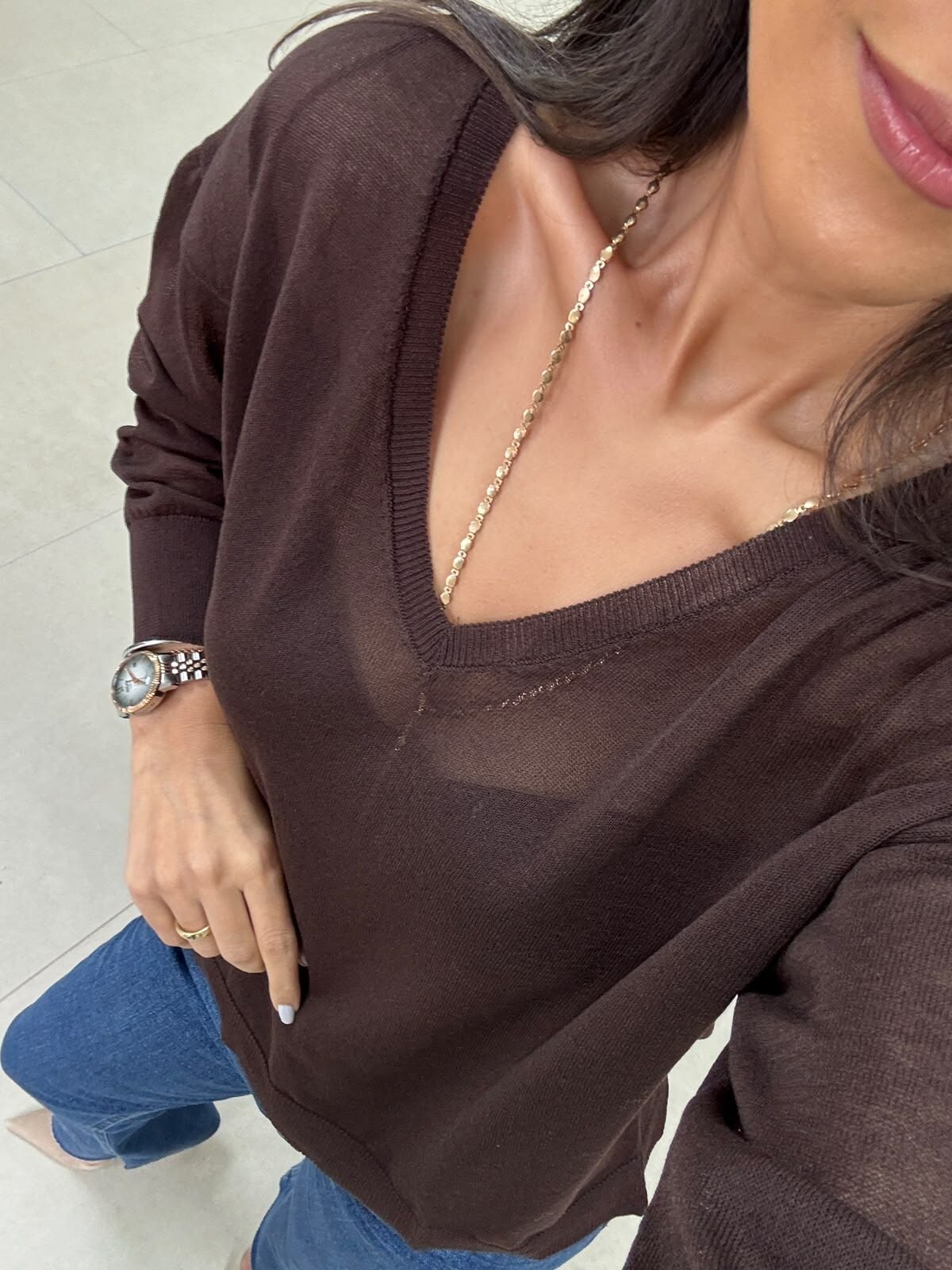Po 2797 V Yaka Acı Kahve Transparan Triko Bluz