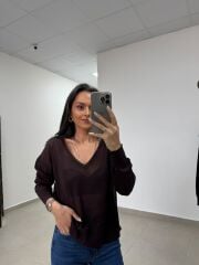 Po 2797 V Yaka Acı Kahve Transparan Triko Bluz