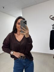 Po 2797 V Yaka Acı Kahve Transparan Triko Bluz