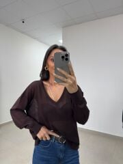 Po 2797 V Yaka Acı Kahve Transparan Triko Bluz