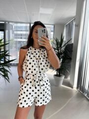 Bb 30185-48 Siyah Puantiyeli Şortlu Keten Takım