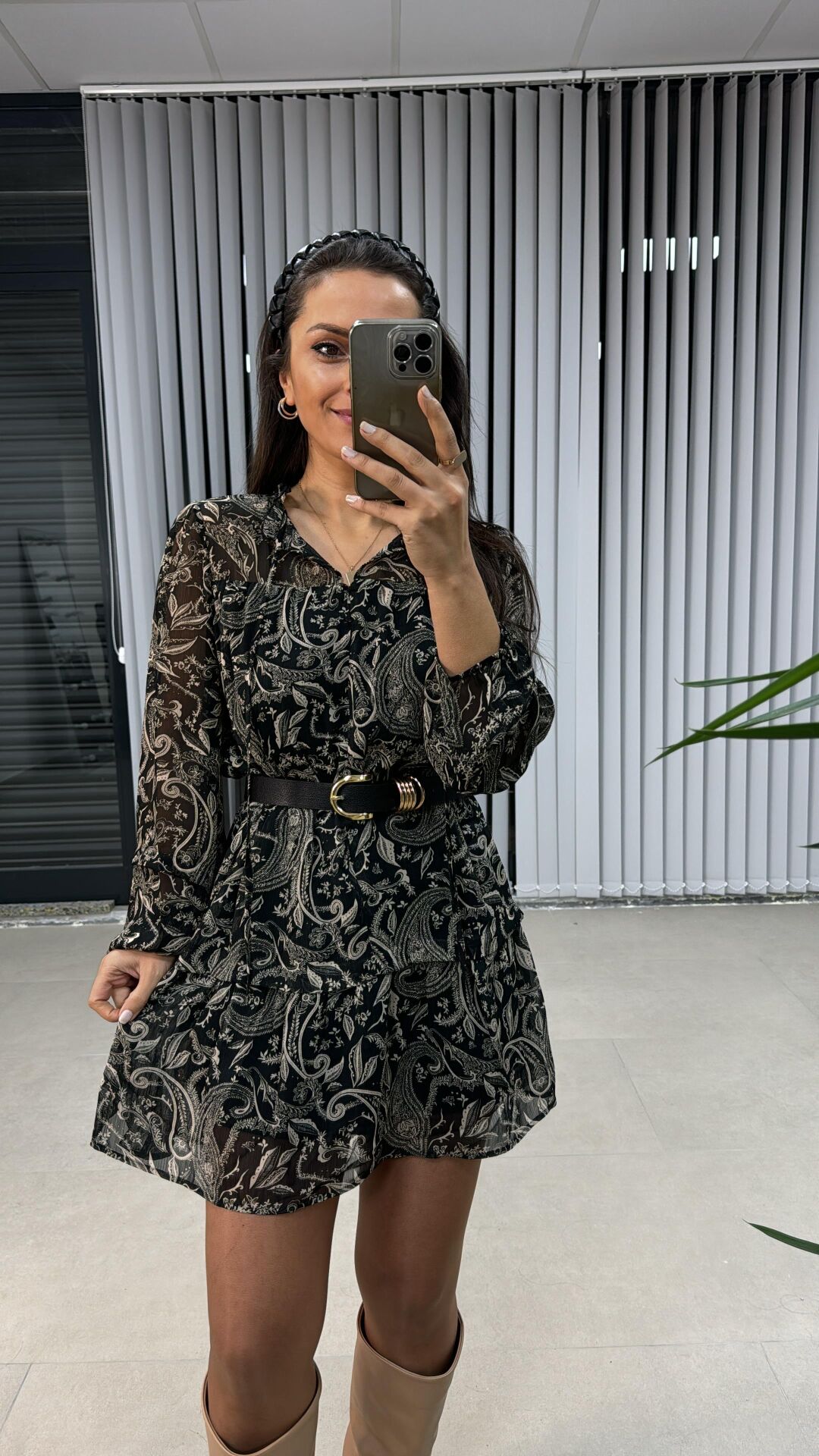 Orj.Marka Siyah Şal Desen Şifon Elbise