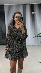 Orj.Marka Siyah Şal Desen Şifon Elbise