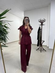 Art 4001 Bordo Kuşaklı Keten Takım