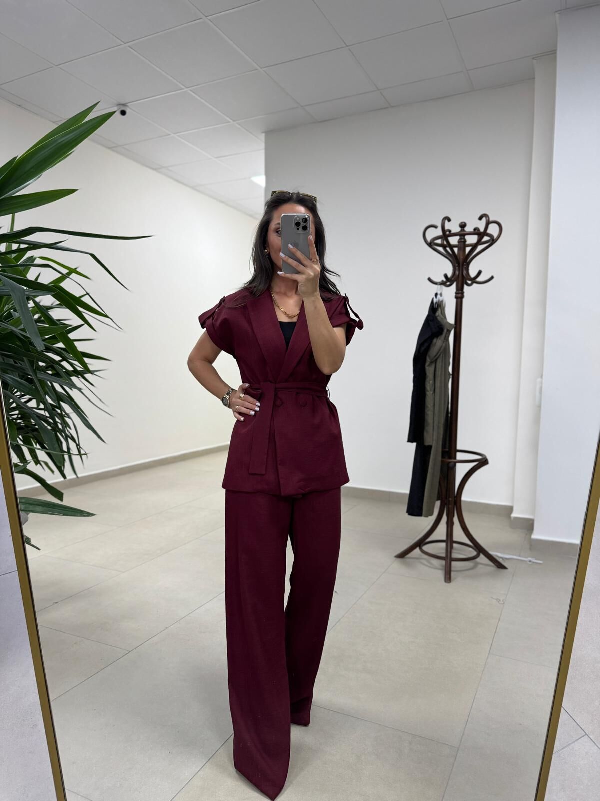 Art 4001 Bordo Kuşaklı Keten Takım