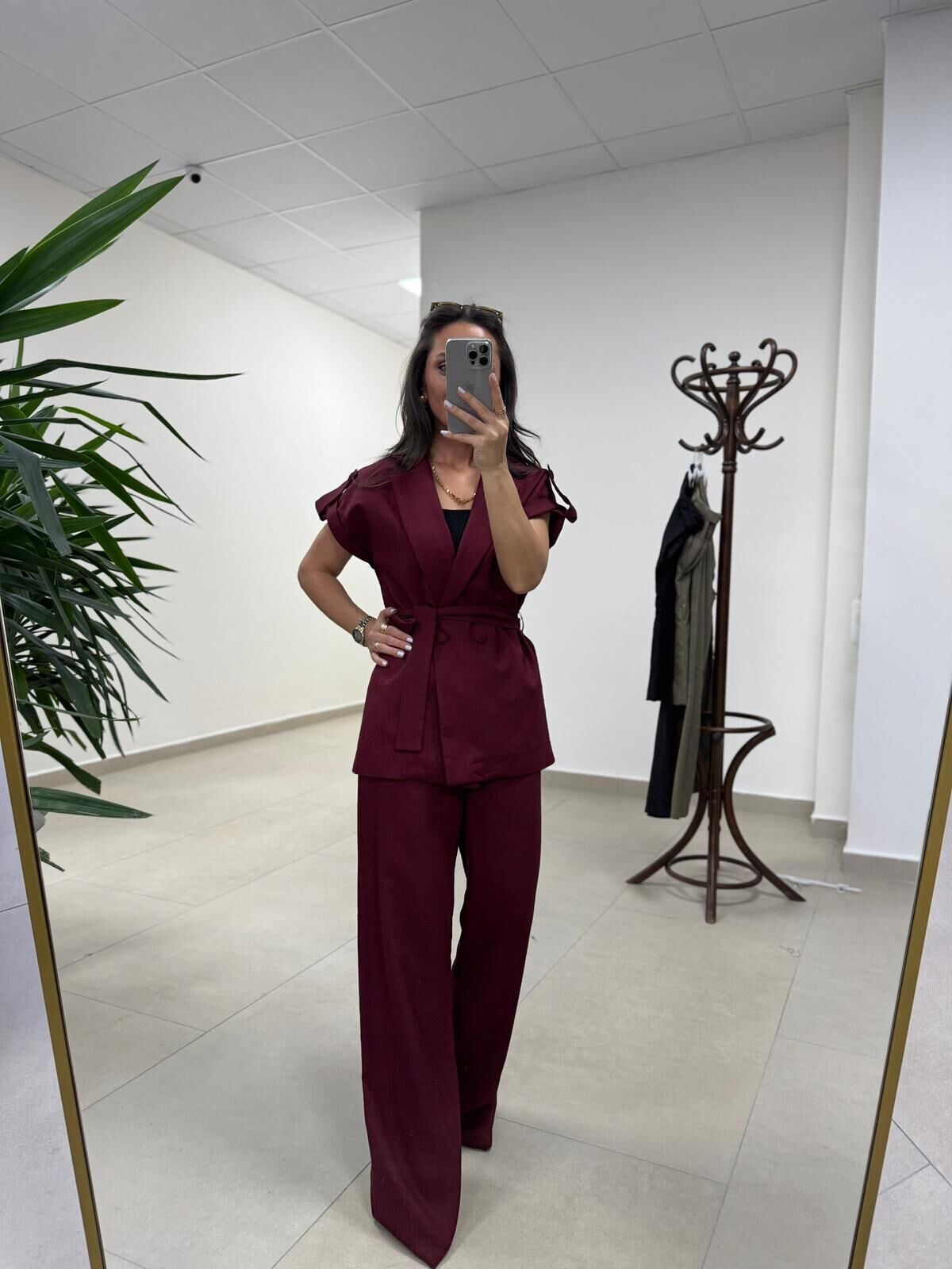 Art 4001 Bordo Kuşaklı Keten Takım