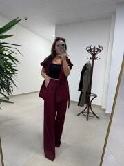 Art 4001 Bordo Kuşaklı Keten Takım