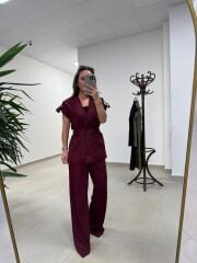 Art 4001 Bordo Kuşaklı Keten Takım