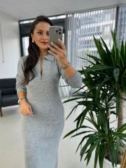 My Gri Yakalı Triko Elbise