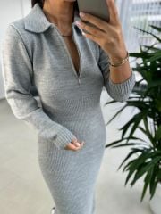 My Gri Yakalı Triko Elbise