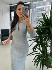 My Gri Yakalı Triko Elbise