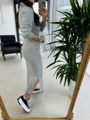 My Gri Yakalı Triko Elbise