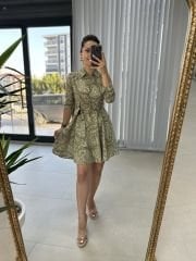 Pamuk Viskon Yağ Yeşili Şal Desen Gömlek Elbise