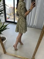 Pamuk Viskon Yağ Yeşili Şal Desen Gömlek Elbise