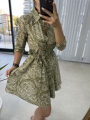 Pamuk Viskon Yağ Yeşili Şal Desen Gömlek Elbise