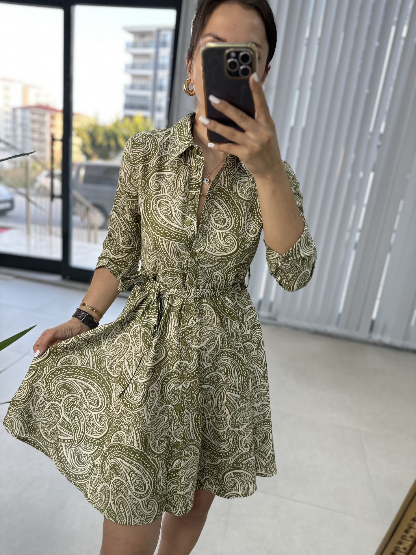 Pamuk Viskon Yağ Yeşili Şal Desen Gömlek Elbise