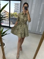 Pamuk Viskon Yağ Yeşili Şal Desen Gömlek Elbise