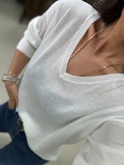 Po 2797 V Yaka Beyaz Transparan Triko Bluz
