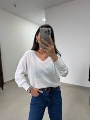 Po 2797 V Yaka Beyaz Transparan Triko Bluz