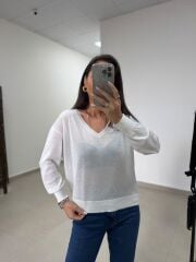 Po 2797 V Yaka Beyaz Transparan Triko Bluz
