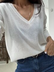 Po 2797 V Yaka Beyaz Transparan Triko Bluz