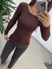 Np 68596 Kayık Yaka Kahve Transparan Tişört