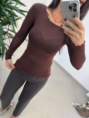 Np 68596 Kayık Yaka Kahve Transparan Bluz