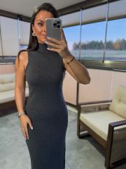 Dv 90239 Stand Collar Gray Knitted Pencil Dress