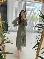My 3302 Haki Yoryo Gipeli Şifon Elbise