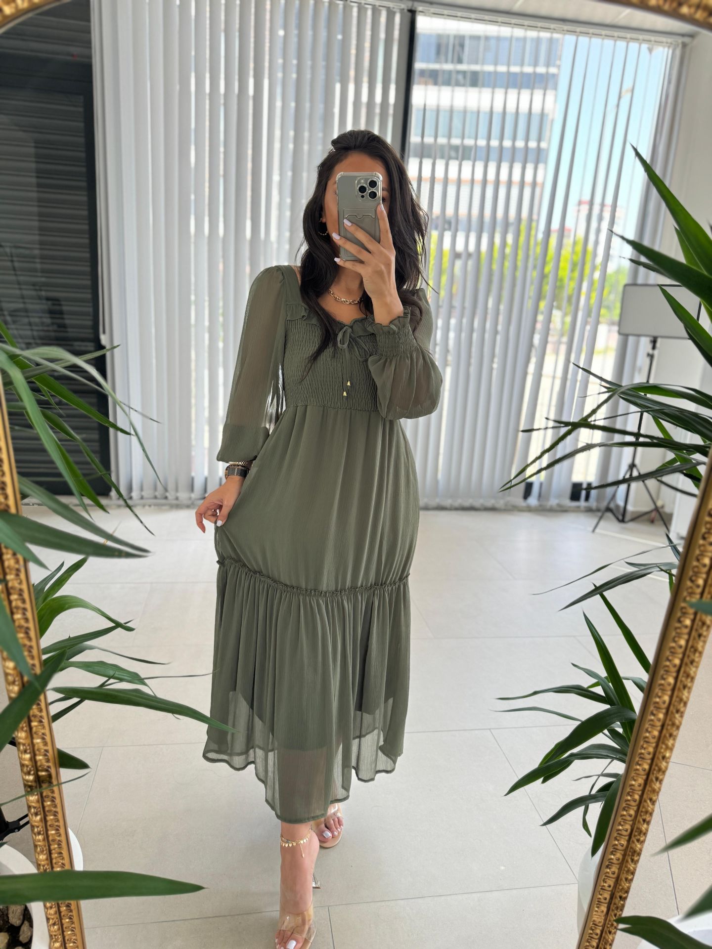 My 3302 Haki Yoryo Gipeli Şifon Elbise