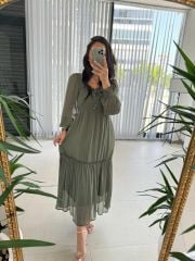 My 3302 Haki Yoryo Gipeli Şifon Elbise