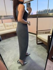 Dv 90239 Stand Collar Gray Knitted Pencil Dress