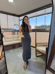 Dv 90239 Stand Collar Gray Knitted Pencil Dress