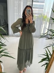 My 3302 Haki Yoryo Gipeli Şifon Elbise