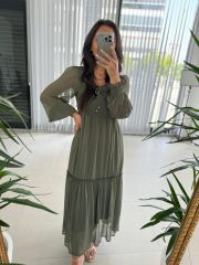 My 3302 Haki Yoryo Gipeli Şifon Elbise