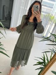 My 3302 Haki Yoryo Gipeli Şifon Elbise