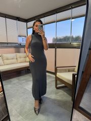 Dv 90239 Stand Collar Gray Knitted Pencil Dress