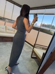 Dv 90239 Stand Collar Gray Knitted Pencil Dress