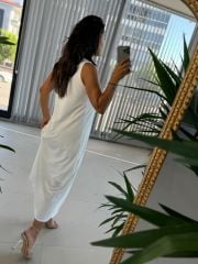 Sg Örme Detaylı Beyaz Elbise